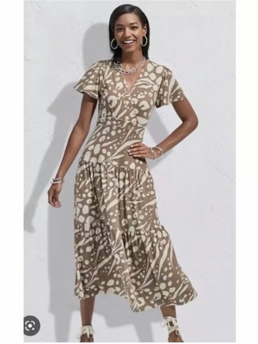 Women's Taupe & Cream Printed Midi Dress